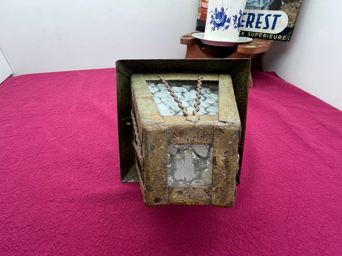 ヴィンテージアイアンランタンランプ/波模様ガラス×アンカーモチーフ装飾