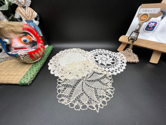 NEWアンティーク カットワーク/手編みクロッシェレースドイリー 3枚セット