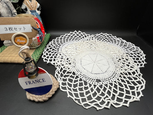 NEW フランスアンティーク手編みクロッシェレースドイリー3枚セット