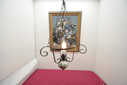 アンティーク花模様陶器 & 蝋燭型ソケット 吊り下げアイアンランプ