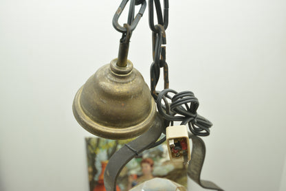 ヴィンテージ鋳鉄ウッドペンダントライト　花柄陶器とダイヤ電球付き吊り下げランプ