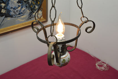 アンティーク花模様陶器 & 蝋燭型ソケット 吊り下げアイアンランプ