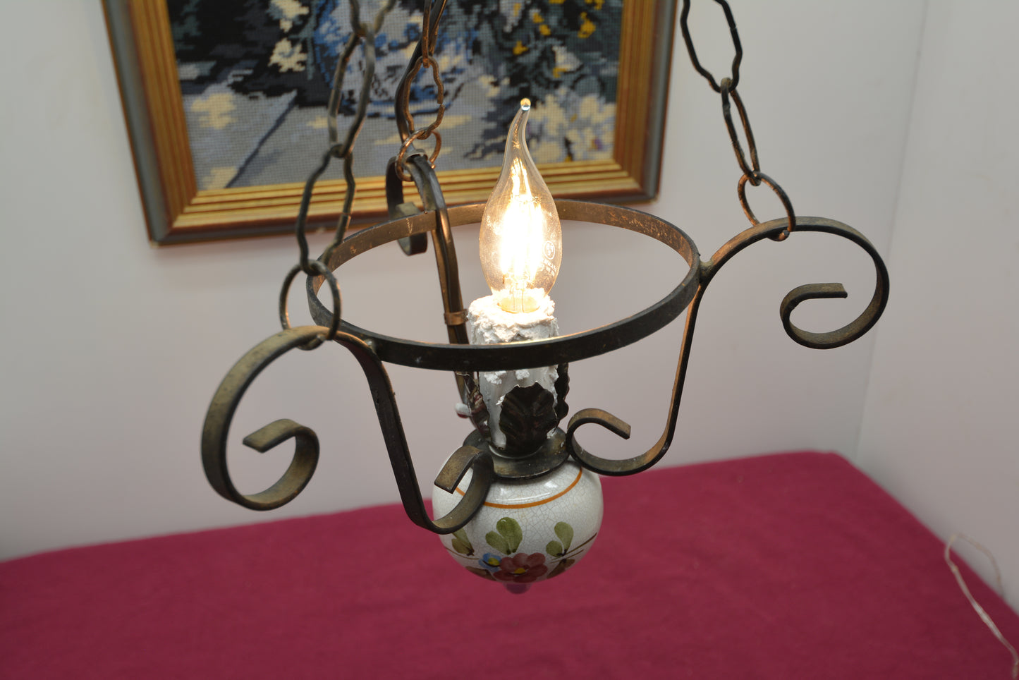 アンティーク花模様陶器 & 蝋燭型ソケット 吊り下げアイアンランプ