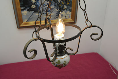 アンティーク花模様陶器 & 蝋燭型ソケット 吊り下げアイアンランプ