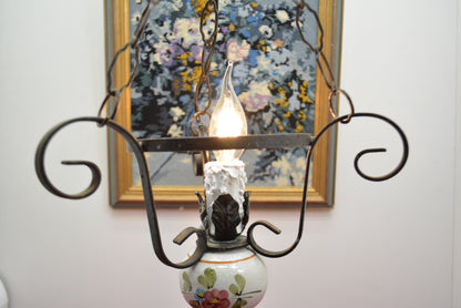 アンティーク花模様陶器 & 蝋燭型ソケット 吊り下げアイアンランプ