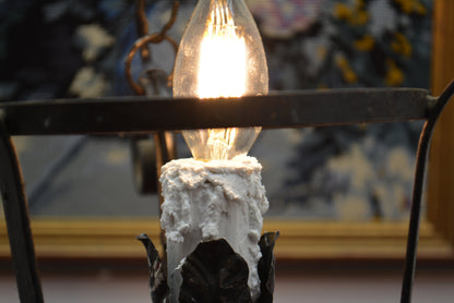 アンティーク花模様陶器 & 蝋燭型ソケット 吊り下げアイアンランプ