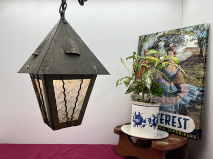 ヴィンテージアイアンランタンランプ／波模様ガラス×アンカーモチーフ装飾