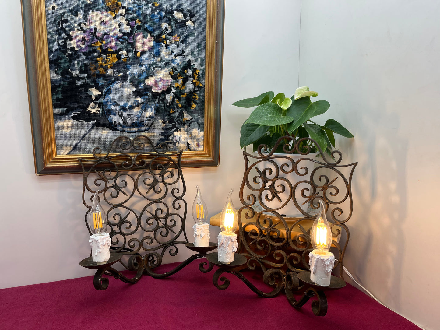 アンティーク キャンドル風装飾壁付けアイアンブラケットライト 2灯ペア