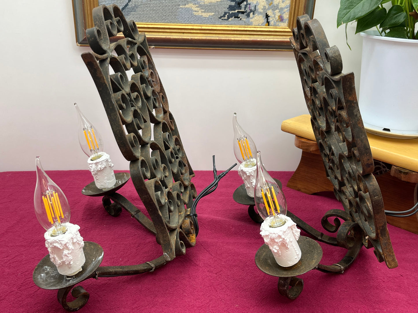 アンティーク キャンドル風装飾壁付けアイアンブラケットライト 2灯ペア