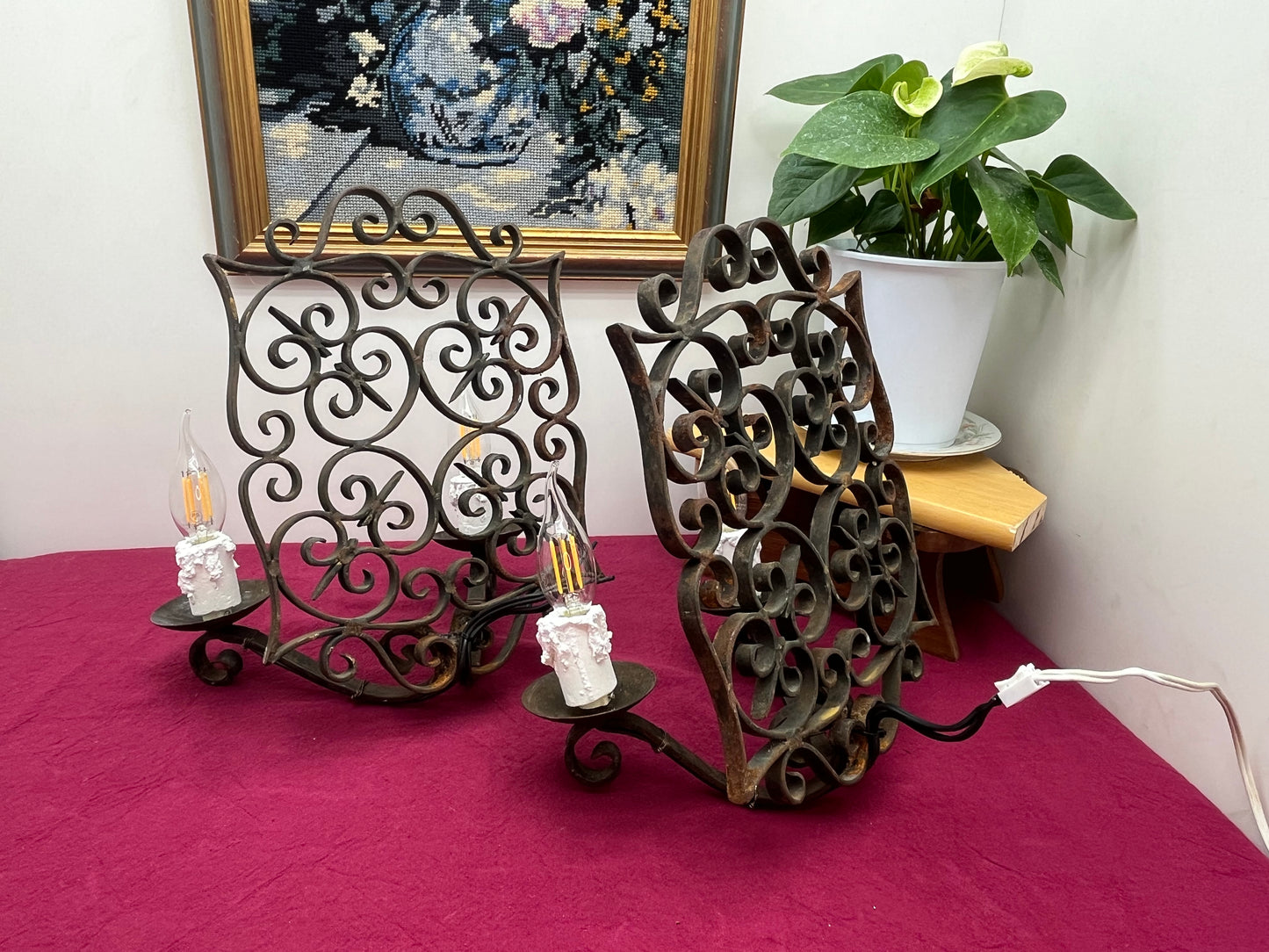 アンティーク キャンドル風装飾壁付けアイアンブラケットライト 2灯ペア