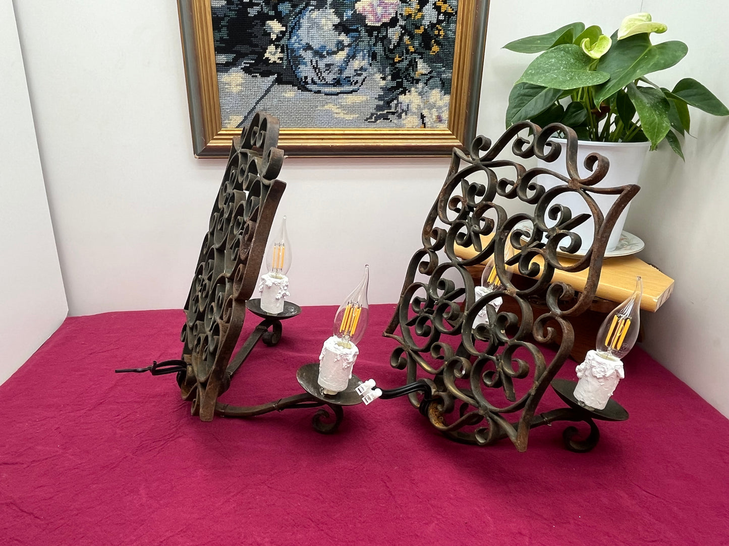 アンティーク キャンドル風装飾壁付けアイアンブラケットライト 2灯ペア