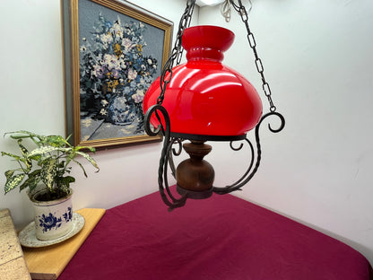 貴重なアンティークレッドガラス　アイアンウッド装飾 ペンダントライト