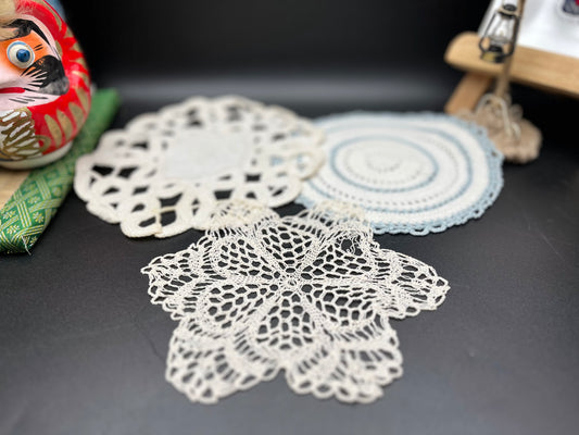 NEWアンティーク手編みクロッシェ＆カットワークレースドイリー3枚セット