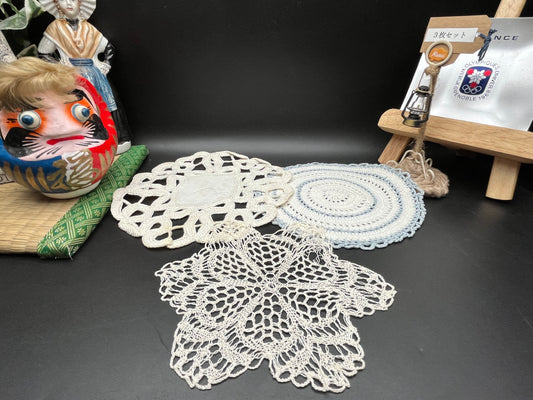 NEWアンティーク手編みクロッシェ＆カットワークレースドイリー3枚セット