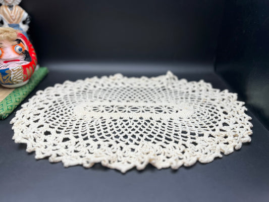 NEW ヴィンテージ 手編みコットンレース ドイリー 楕円形 約40cm クロッシェレース
