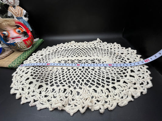 NEW ヴィンテージ 手編みコットンレース ドイリー 楕円形 約40cm クロッシェレース