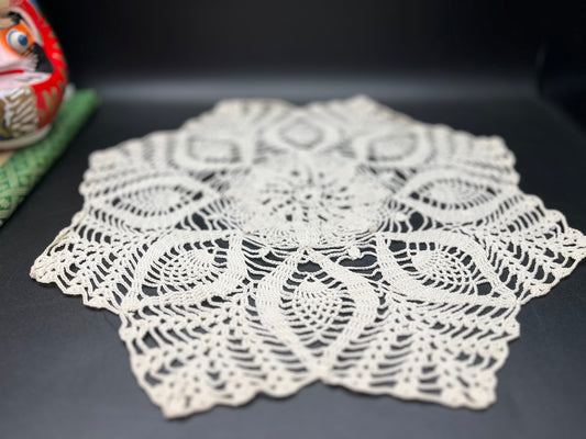 NEW ヴィンテージ 手編みレースドイリー 多角形 約33cm クロッシェレース