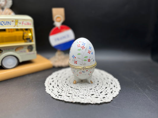 NEW フラワーモチーフのアンティーク調 エッグ型ポーセリン小物入れ（脚付き）