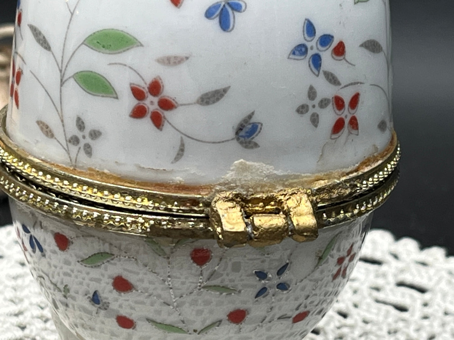 NEW フラワーモチーフのアンティーク調 エッグ型ポーセリン小物入れ（脚付き）