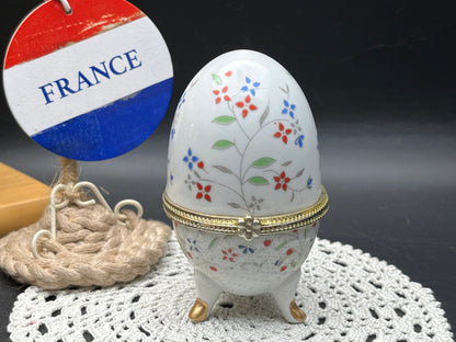 NEW フラワーモチーフのアンティーク調 エッグ型ポーセリン小物入れ（脚付き）