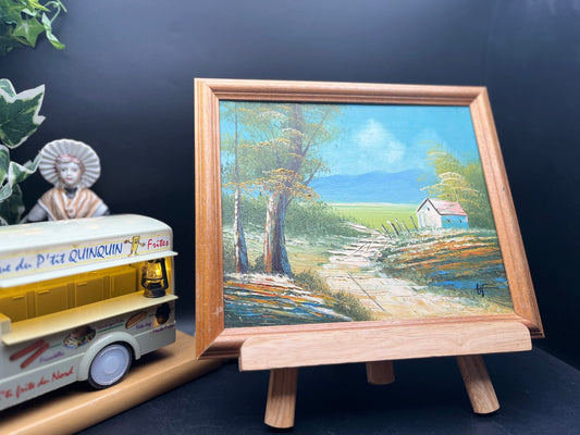 NEW フランス田園風景の木製フレーム油彩画〈サイン入り〉