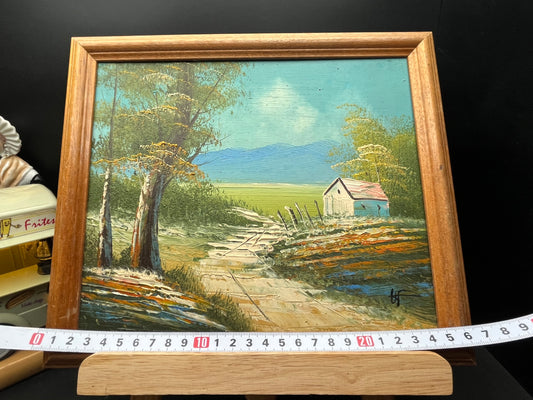 NEW フランス田園風景の木製フレーム油彩画〈サイン入り〉