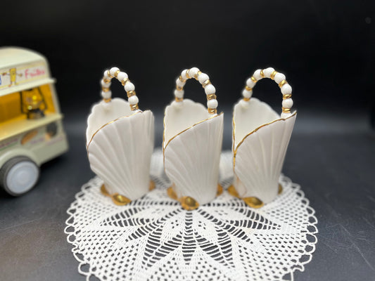 NEW ヨーロッパ製 ヴィンテージ 金彩シェル パールハンドルバスケット 3点セット