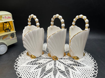 NEW ヨーロッパ製 ヴィンテージ 金彩シェル パールハンドルバスケット 3点セット