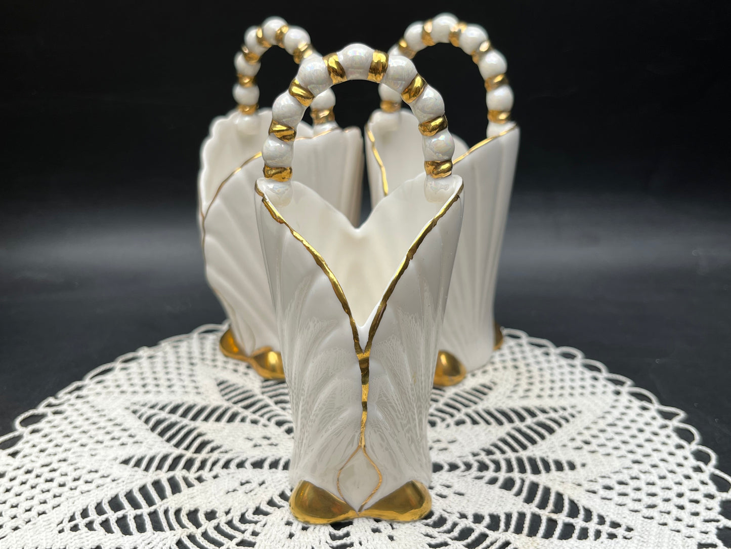 NEW ヨーロッパ製 ヴィンテージ 金彩シェル パールハンドルバスケット 3点セット