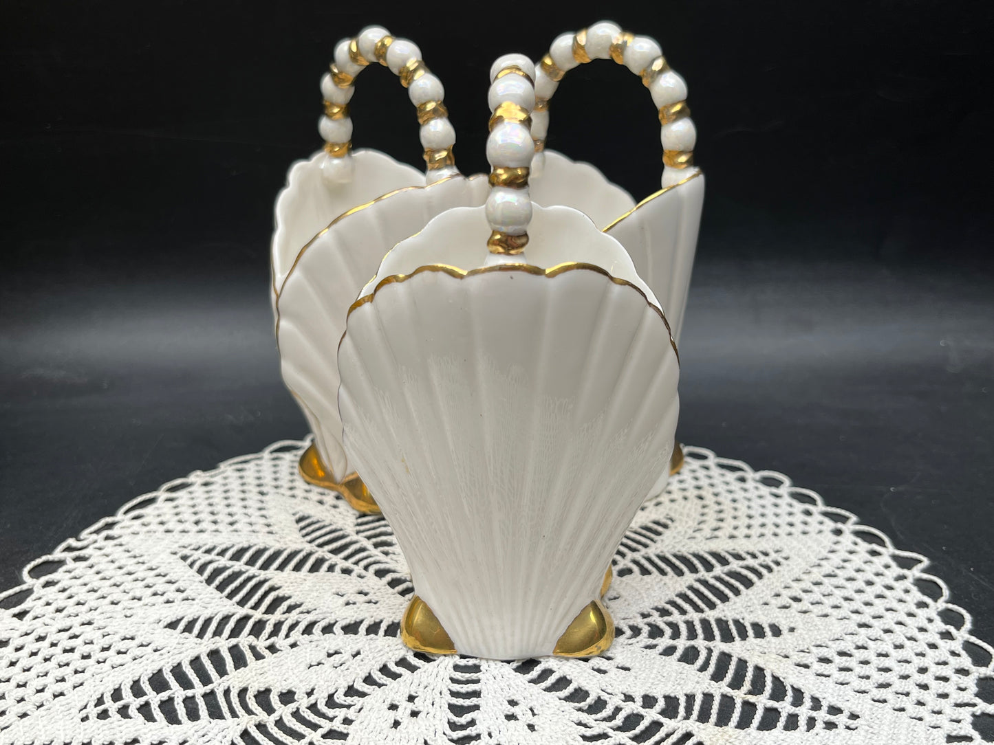 NEW ヨーロッパ製 ヴィンテージ 金彩シェル パールハンドルバスケット 3点セット