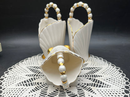 NEW ヨーロッパ製 ヴィンテージ 金彩シェル パールハンドルバスケット 3点セット