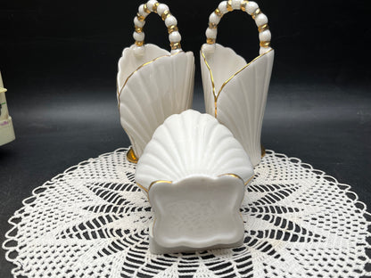 NEW ヨーロッパ製 ヴィンテージ 金彩シェル パールハンドルバスケット 3点セット