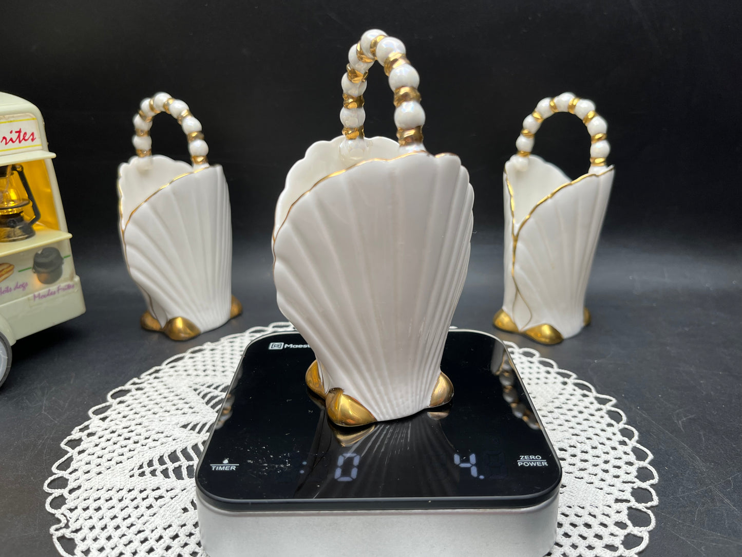 NEW ヨーロッパ製 ヴィンテージ 金彩シェル パールハンドルバスケット 3点セット