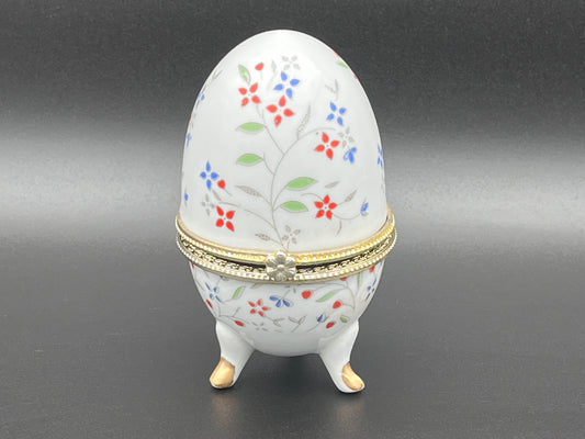 NEW フラワーモチーフのアンティーク調 エッグ型ポーセリン小物入れ（脚付き）